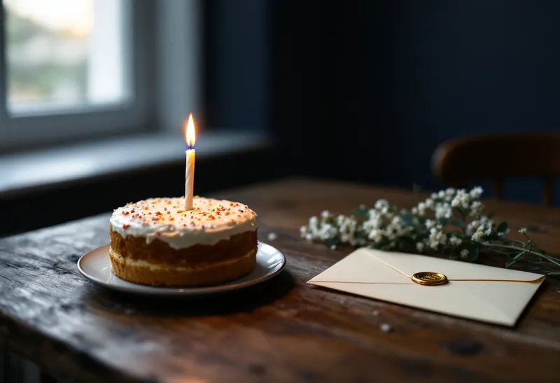 A birthday cake with one candle beside a sealed letter