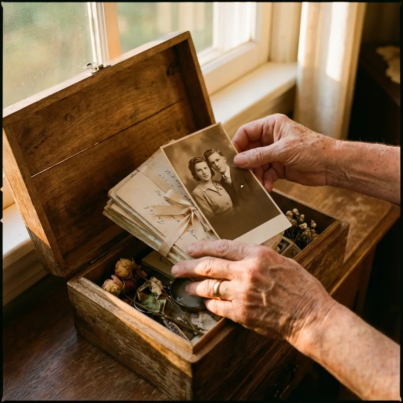 Hands placing items in a keepsake box