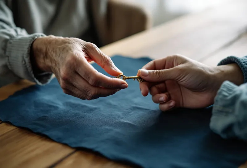 An older hand passing a small key to a younger one
