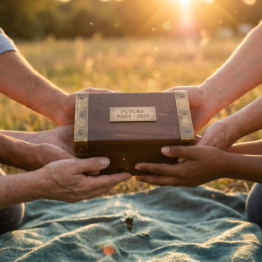 Manos sosteniendo una cápsula del tiempo