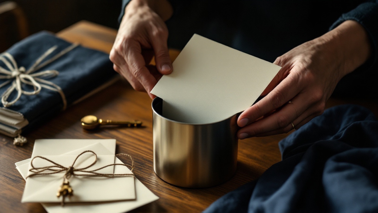 Hands place a blank sheet of paper into a brushed steel time capsule on a wooden table, beside twine-tied envelopes, a brass key and folded navy linen, in warm natural light.