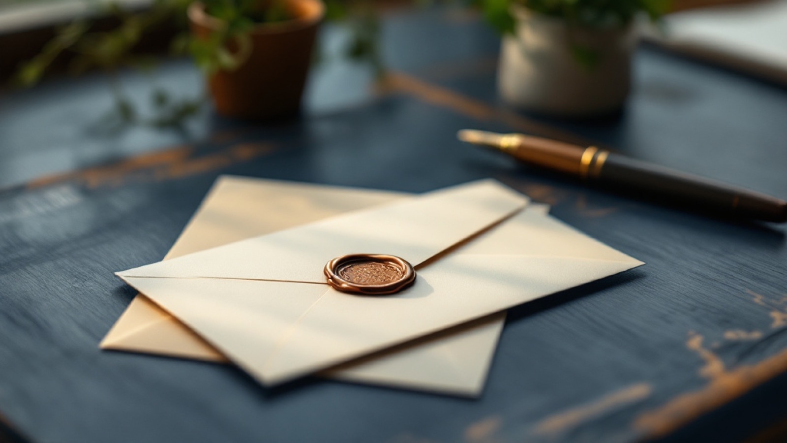 Sealed envelope with a bronze wax seal on a navy wooden desk beside a fountain pen, in window light