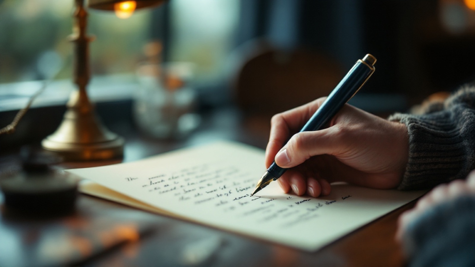Una mano escribe una carta con pluma fuente sobre un escritorio de madera, junto a una lámpara de bronce, con luz cálida de tarde.
